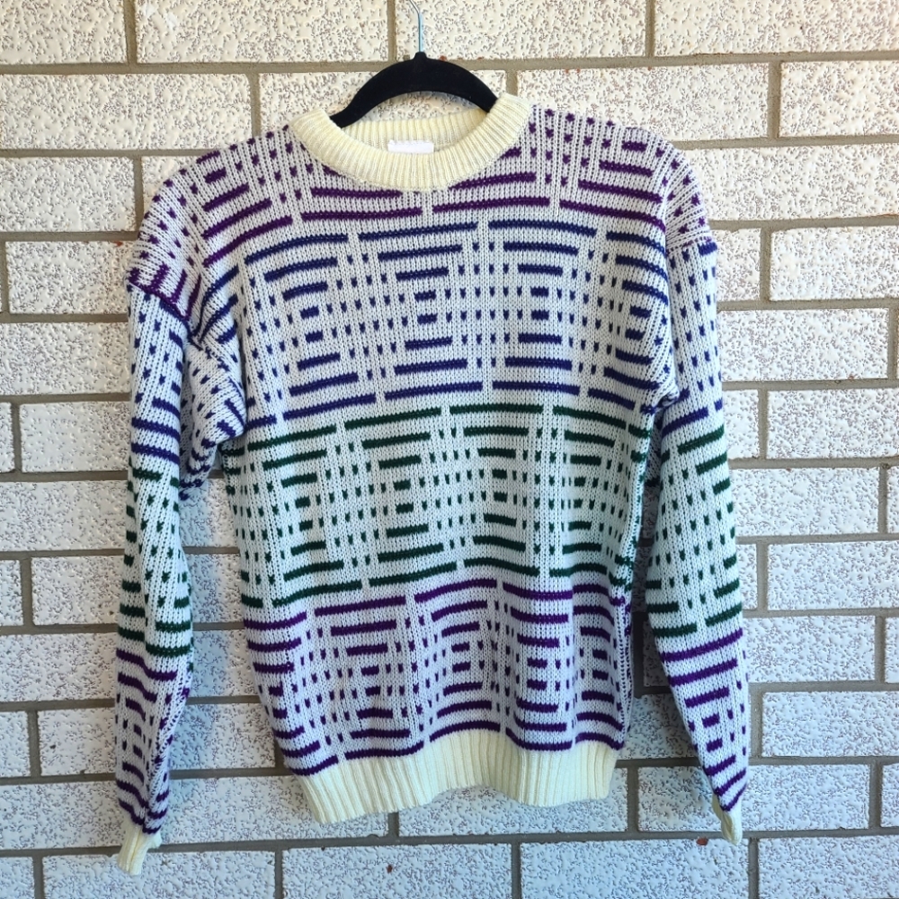 Vintage Grandpa-core White, Green and Purple Sweater